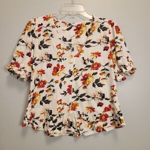 Lucky Brand White Floral V-Neck Blouse Yellow Pink Flowers Feminine Small